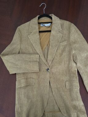 Zara Light Brown Single-Button Linen Blazer